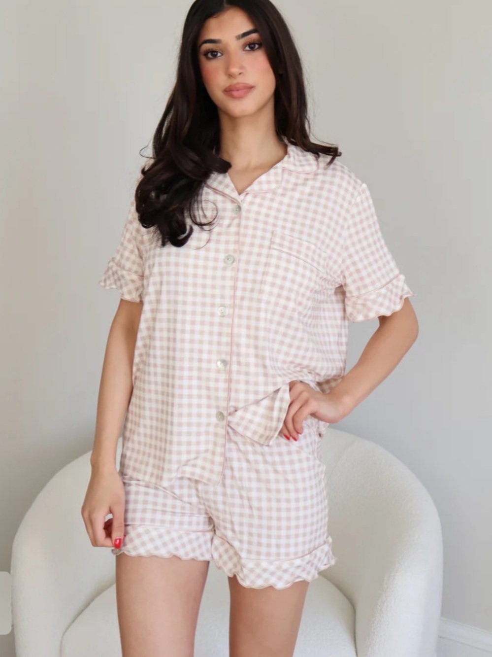 Waverly Tan Gingham Ruffle Short Pajama Set